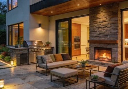 Sustainable backyard with native plants, compost, wood-stone textures, eco-furniture. Realistic natural landscape. (1)