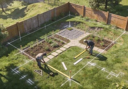 Top-down drone shot of residential backyard assessment by landscape design experts using measuring tools and layout markings under natural daylight.